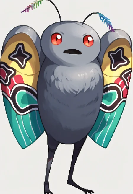 score_9, score_8_up, score_7_up, source_anime, BREAK, solo, <lora:Dengeki_Bunko-pdxl_Fp:1>, simple background, full body, standing, pokemon \(creature\), <lora:Mothman-pdxl_Fp:1>, mothman, red eyes, open mouth, antennae, grey skin, wings,