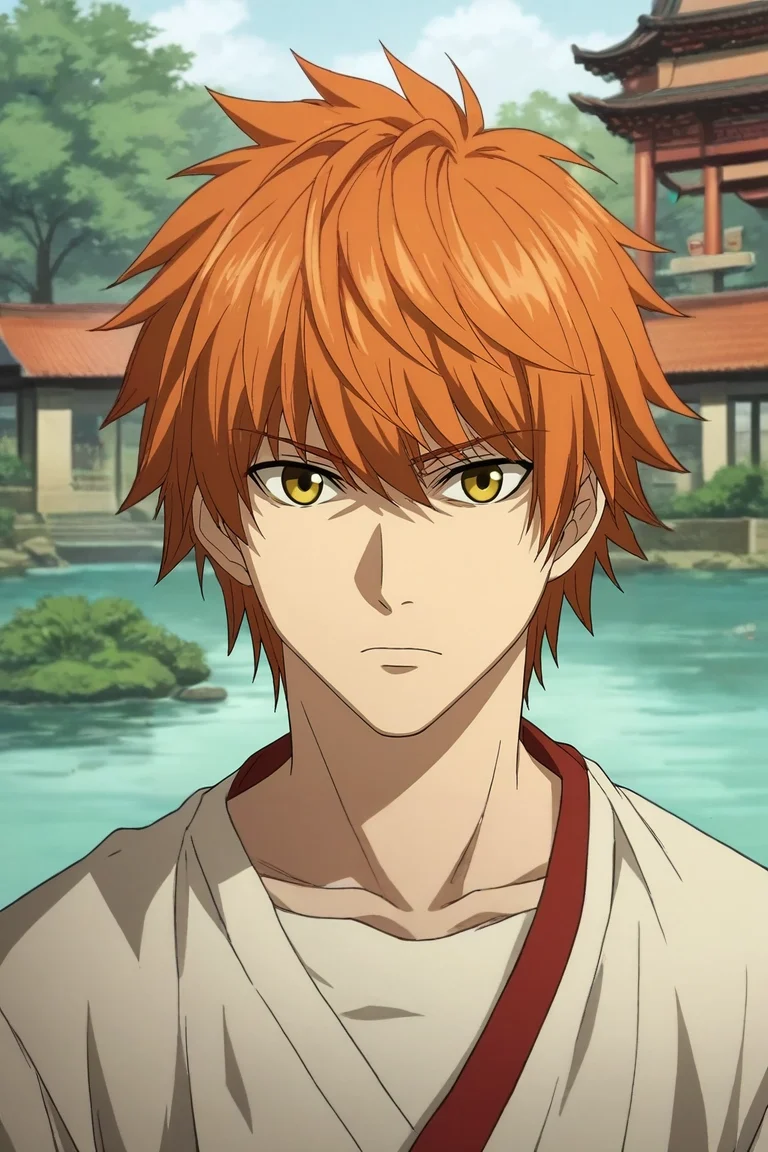 zPDXL, score_9, score_8_up, score_7_up, rating_safe, , , depth of field, 1boy, emiya shirou, fate \(series\), orange hair, yellow eyes, solo, straight-on, pond, arch, japanese architecture, day, legs up, relaxed, <lora:death_note_style_pony:1.18>, death_note_style, , <lora:sdxl_lightning_8step_lora:1>
