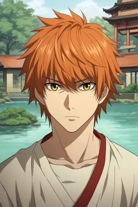 zPDXL, score_9, score_8_up, score_7_up, rating_safe, , , depth of field, 1boy, emiya shirou, fate \(series\), orange hair, yellow eyes, solo, straight-on, pond, arch, japanese architecture, day, legs up, relaxed, <lora:death_note_style_pony:1.18>, death_note_style, , <lora:sdxl_lightning_8step_lora:1>