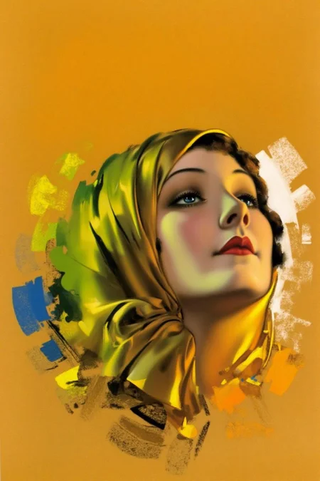 rolfarmstrong1 illustration.
A woman with a serene expression, gazing upwards. She is wearing a sheer, translucent golden-colored headscarf that reflects green and blue colors. Her lips are red. The background is a blend of warm and cool colors with abstract brushstrokes and splashes of paint. <lora:rolfarmstrong1_cap_d8a4:1.0><lora:862563380450359847:0>