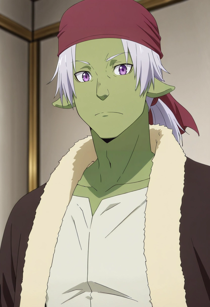 masterpiece, best quality, intricate details, anime screencap, anime coloring, official style, looking at viewer, 1boy, solo, male focus, <lora:rigur_tensura_ilxl:0.98>, rigur_tensura, grey hair, purple eyes, pointy ears, colored skin, green skin, goblin, bandana, ponytail,