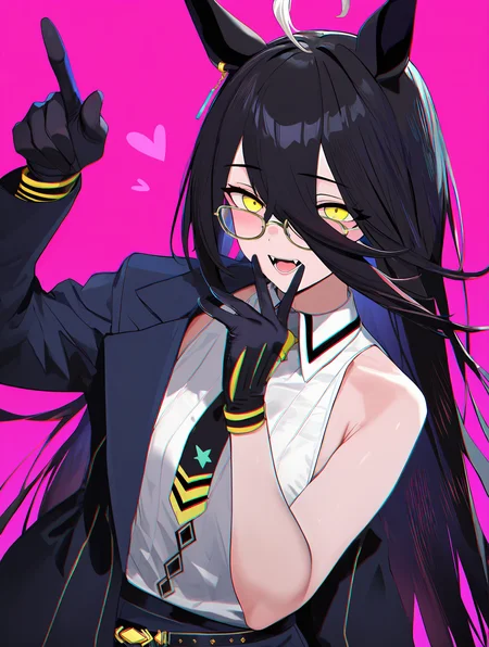 <lora:misaka-gou_s64:1> chromatic aberration,open mouth,horse ears,collared shirt,pink background,animal ears,heart,yellow eyes,hand to own mouth,sleeveless,multicolored hair,gloves,shirt,glasses,white shirt,horse girl,simple background,smile,index finger raised,umamusume,manhattan cafe \(umamusume\),black hair,highres,solo,black gloves,sleeveless shirt,1girl,white hair,fangs, masterpiece, best quality, newest, very awa, absurdres, highres