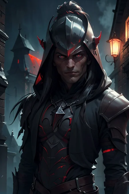 (masterpiece, best quality, highres, high resolution:1.2), extremely detailed, realistic, intricate details, 1boy, solo, looking at viewer,  <lora:strahd_v10:0.8> Strahd von Zarovich, vampire, long hair, <lora:edgBerserkHoodies-000008:1> hoodie,edgBerserker, wearing edgBerserker_([armor|hoodie]::0.5), helmet,shoulder armor,red eyes glowing, (cinematic lighting, bloom, volumetric),