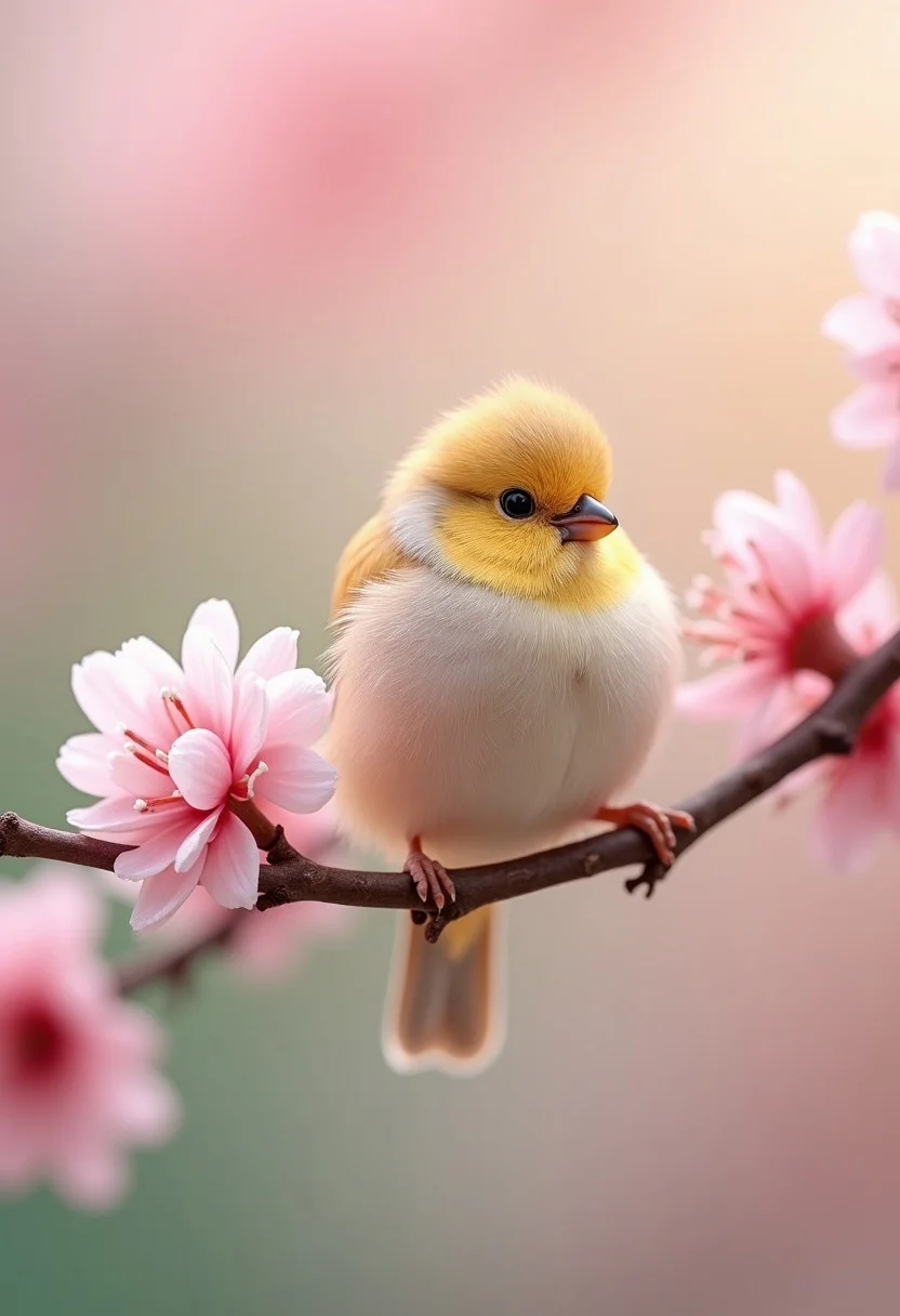 A close-up of a small bird with soft pastel feathers in shades of pink and yellow, perched on a branch blooming with cherry blossoms. The bird looks serene, with a gentle, rounded beak and delicate features. The background is softly blurred in a light pink and green gradient, creating a peaceful springtime setting. The scene radiates warmth and natural beauty."gentle lighting", "soft colors", "springtime nature", sharp details, macro photography, 8k