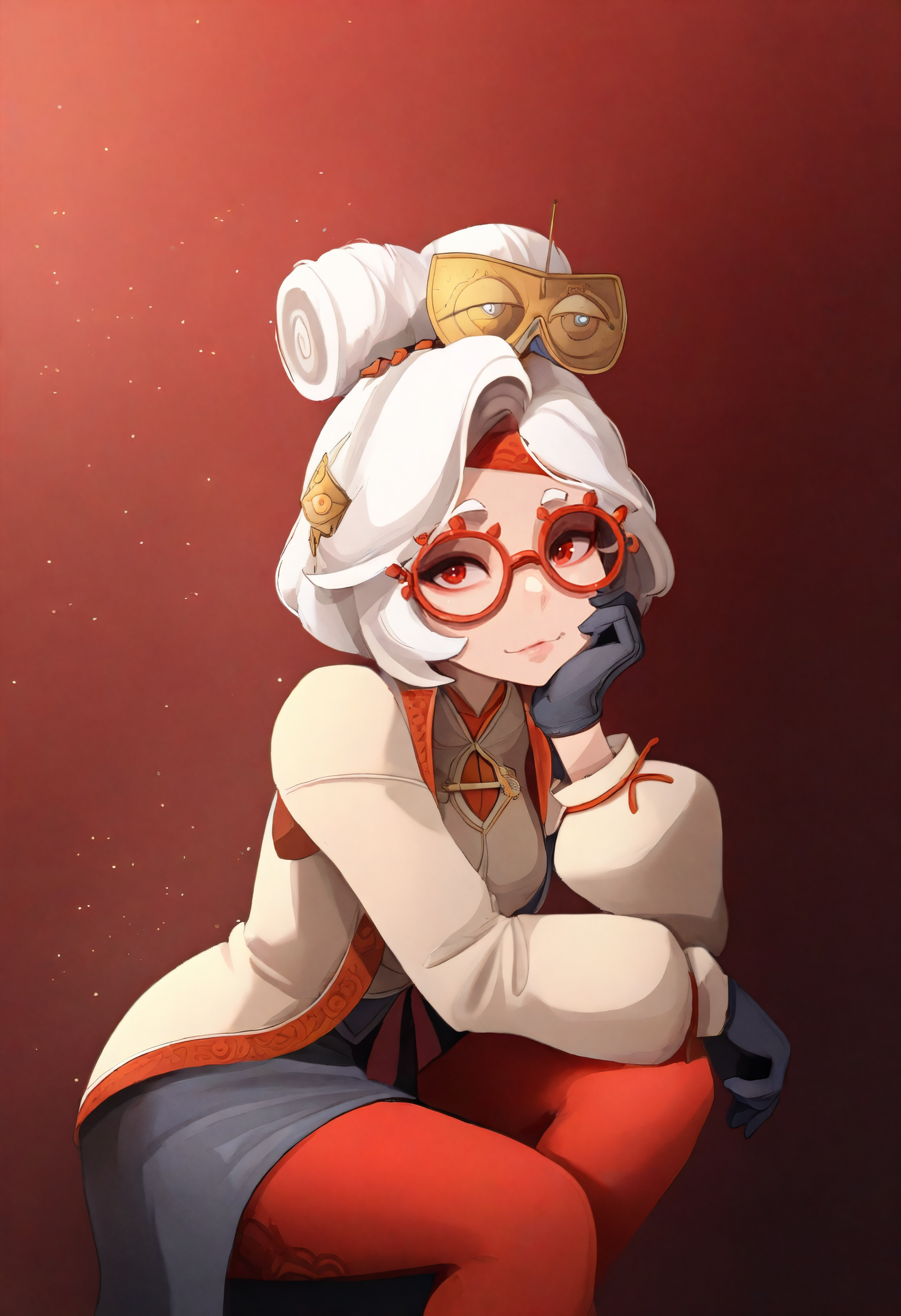 masterpiece, best quality, very aesthetic, red background,light particles,1girl,looking at viewer,pur4h, white hair, red eyes, hair bun,hair ornament, red headband, red glasses, sleeveless shirt, beige shirt, beige jacket, red trim, open jacket, black skirt, red leggings, gloves,chin rest <lora:susho_n11:1> <lora:purah-illu-nvwls-v1:0.8>