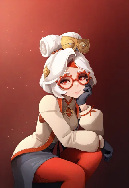 masterpiece, best quality, very aesthetic, red background,light particles,1girl,looking at viewer,pur4h, white hair, red eyes, hair bun,hair ornament, red headband, red glasses, sleeveless shirt, beige shirt, beige jacket, red trim, open jacket, black skirt, red leggings, gloves,chin rest <lora:susho_n11:1> <lora:purah-illu-nvwls-v1:0.8>