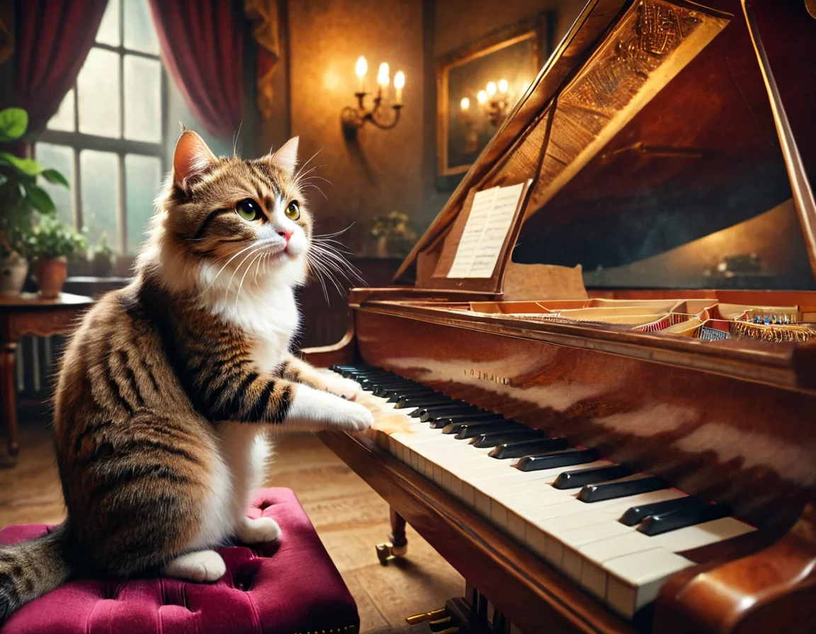 cinematic still musicianlora, cat playing piano . emotional, harmonious, vignette, 4k epic detailed, shot on kodak, 35mm photo, sharp focus, high budget, cinemascope, moody, epic, gorgeous, film grain, grainy, musicianlora, cat playing piano, enchanted, magic, full color, background dramatic light, professional, cinematic, intense, detailed, very intricate, beautiful, elegant, sharp focus, colorful, epic, modern, surreal, highly detail, artistic, composition, symmetry, perfect, atmosphere, fine vivid colors, ambient, amazing, creative, positive, joyful, unique