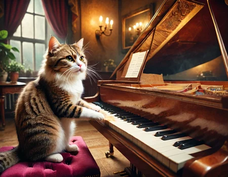 cinematic still musicianlora, cat playing piano . emotional, harmonious, vignette, 4k epic detailed, shot on kodak, 35mm photo, sharp focus, high budget, cinemascope, moody, epic, gorgeous, film grain, grainy, musicianlora, cat playing piano, enchanted, magic, full color, background dramatic light, professional, cinematic, intense, detailed, very intricate, beautiful, elegant, sharp focus, colorful, epic, modern, surreal, highly detail, artistic, composition, symmetry, perfect, atmosphere, fine vivid colors, ambient, amazing, creative, positive, joyful, unique