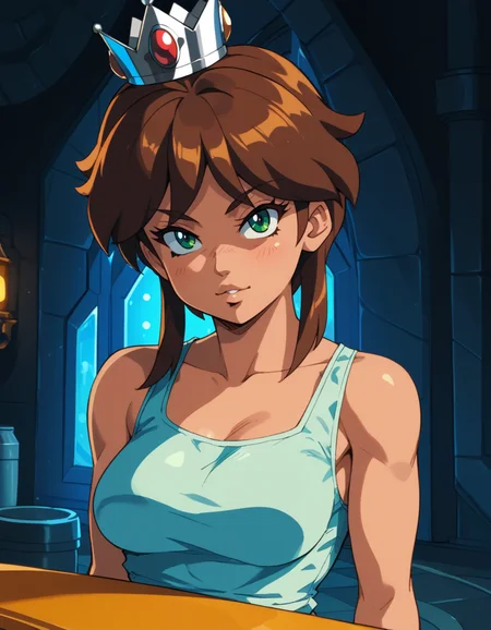 Super Mario style, score_9, score_8_up, score_7_up, score_6_up, score_5_up BREAK ot0m, 1girl, green eyes, brown sidelocks hair, looking at viewer, <lora:OtaKingMondayAshlinPDXL32v1.5tx1-000015:0.9>, Vibrant, cute, cartoony, fantasy, playful, reminiscent of Super Mario series