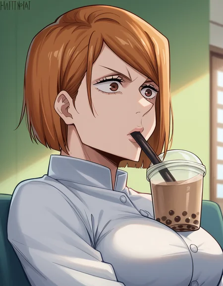 score_9, score_8_up, score_7_up, source_anime, <lora:nobara-kugisaki-s1s2-ponyxl-lora-nochekaiser:1>, nobara kugisaki, kugisaki nobara, bob cut, brown eyes, brown hair, lips, short hair, large breasts,, <lora:bubble-tea-challenge-ponyxl-lora-nochekaiser:1>, bubble tea challenge, bubble tea, object on breast, drinking straw, drinking straw in mouth, drinking, cup,, indoors, sitting, looking down, , cowboy shot, dutch angle
