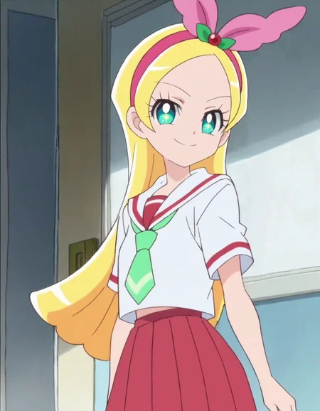 score_9, score_8_up, score_7_up, 1girl, solo, anime screencap, kiraboshiciel, school uniform, hairband, smile, pink hairband, looking at viewer, necktie, serafuku, green necktie, red skirt,   cowboy shot,small breasts,<lora:kiraboshiciel:0.8>