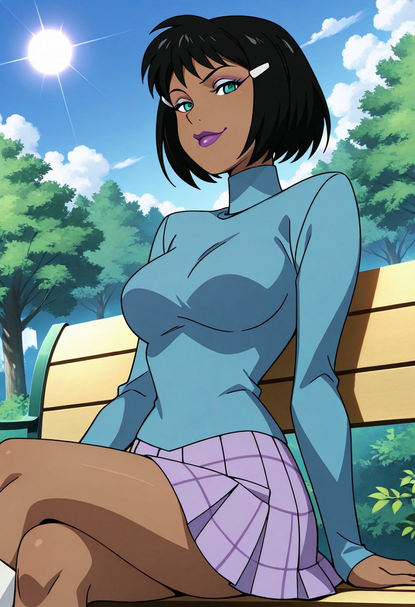 score_9, score_8, score_7_up, source_anime, anime_coloring, anime_screenshot, highres, rating_questionable, solo, BREAK,
StaticMadelynSpaulding, 1girl, dark-skinned female, black hair, short hair, bob cut, hairclip, hair ornament, aqua eyes, green eyes, makeup, lipstick, purple lips, breasts, medium breasts, turtleneck, sweater, blue shirt, blue sweater, long sleeves, skirt, purple skirt, plaid skirt, pleated skirt, miniskirt, white footwear, shoes, high heels,
smug, sitting, crossed legs, outdoors, 1girl, bench, trees, sky, clouds, sun, looking at viewer, day, forest, cowboy shot, upper body focus, (Dutch angle:1.4)