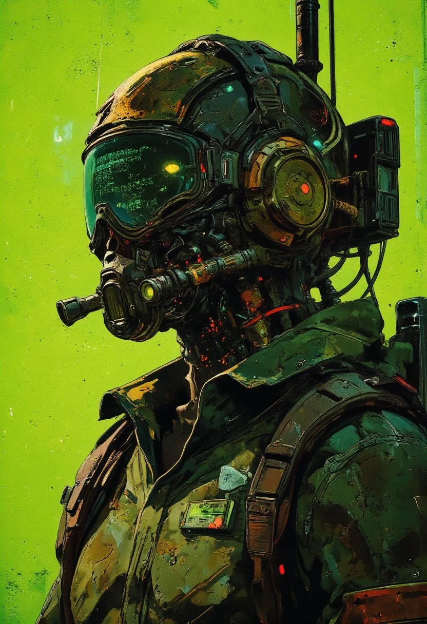 A cyberpunk soldier wearing a heavy tactical jacket with neon green details. The head is covered with a high-tech helmet displaying digital code on a screen, with tubes and cables extending from the helmet. The background is bright neon green, contrasting with the dark, glossy armor. The image is detailed, with reflections and metallic textures
