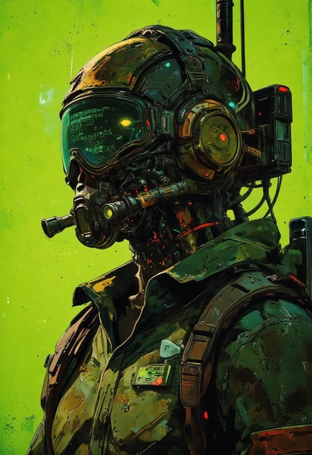 A cyberpunk soldier wearing a heavy tactical jacket with neon green details. The head is covered with a high-tech helmet displaying digital code on a screen, with tubes and cables extending from the helmet. The background is bright neon green, contrasting with the dark, glossy armor. The image is detailed, with reflections and metallic textures