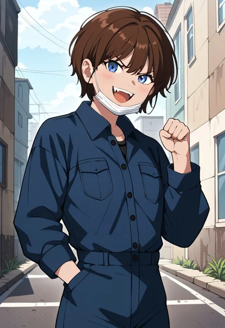 Masterpiece, Highest Quality, Score_9, Score_8_up, Score_7_up, source_anime. anime style. masterpiece, highres, absurdres. Best resolution.
solo. outdoor. alley
handfixer
song jiwoo. 1girl. brown hair. short hair. gray eyes. tomboy. fang
jumpsuit. blue clothes. pocket. long sleeve. folded sleeves. black shirt under clothes. long pants. unbutton 3 top buttons. take down mask
angry expression. laugh. clenched fist.
Raise hand