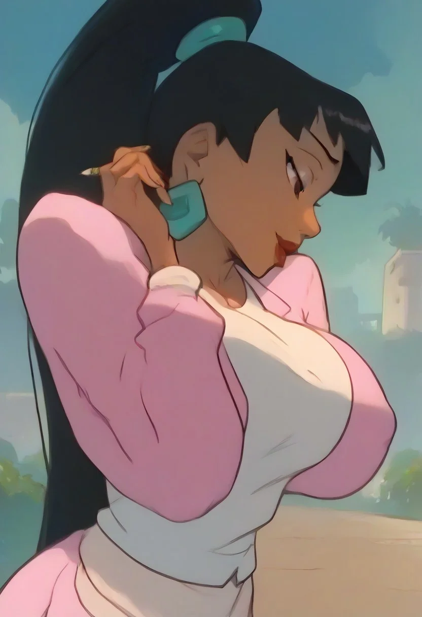 masterpiece, score_9, score_8_up, score_7_up, (best quality:1.1), ultra-detailed, high resolution, super detailed skin, ((cute)), Highly Visible, 8k, sharp focus, beautiful, perfect lighting, smooth edges, 1 girl, ChelXLP, chel from (el dorado), ((ponytail)),green earrings,
(((pink suit, pink jacket, long sleeves, white shirt, pink skirt, miniskirt, pencil skirt, no socks, black high heels),)),
outside, town square,
standing, feet apart,latina girl, very long hair, tan skin,(large breasts), (thick thighs), closeup, ((closeup)),cowboy shot,csr style,g4n1m3