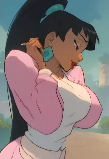 masterpiece, score_9, score_8_up, score_7_up, (best quality:1.1), ultra-detailed, high resolution, super detailed skin, ((cute)), Highly Visible, 8k, sharp focus, beautiful, perfect lighting, smooth edges, 1 girl, ChelXLP, chel from (el dorado), ((ponytail)),green earrings,
(((pink suit, pink jacket, long sleeves, white shirt, pink skirt, miniskirt, pencil skirt, no socks, black high heels),)),
outside, town square,
standing, feet apart,latina girl, very long hair, tan skin,(large breasts), (thick thighs), closeup, ((closeup)),cowboy shot,csr style,g4n1m3