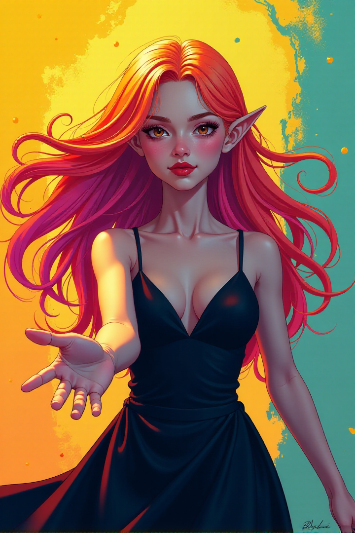 pscho_4rt,mythp0rt, A digital illustration shoot from a frontal camera angle about a vibrant and dynamic portrait of a woman with flowing hair, surrounded by a swirling, abstract background. the image also shows a woman in the middle of the image, who appears to be a young adult, with fair skin and pointed ears. she is facing the viewer and looking directly at them with a serene expression. her long, flowing hair is a mix of orange, pink, and blue hues, creating an ethereal and dreamlike atmosphere. her eyes are a deep brown color, and her lips are painted a deep red. her body is slim, and she is wearing a black dress that is flowing in the wind. her hands are outstretched, reaching towards the viewer. the background is a gradient of yellow and orange, with abstract swirling patterns in shades of blue, green, and purple.  1girl, solo, long hair, breasts, looking at viewer, closed mouth, dress, multicolored hair, pointy ears, lips, colored skin, floating hair, colored sclera  camera_angle: frontal, art_style: digital illustration, location: NA, background: gradient background with colorful swirling patterns, text: NA;NA, distance_to_camera: upper body;upper body, clothing: black dress, image_composition: middle;middle;bottom, pants: NA  expression: serene;slim, facing_direction: facing viewer;facing viewer, facial_expression: calm;sultry, ear: pointed ears;pointed ears, eye_color: brown;orange, gender: 1woman;1woman, action: reaching out with her hands;wavy hair, accessory: NA ;NA, hair_color;color: orange and blue, flowing;colorful hair, hair style: long hair;long hair, race: light skin;light skin, body: slimâââ