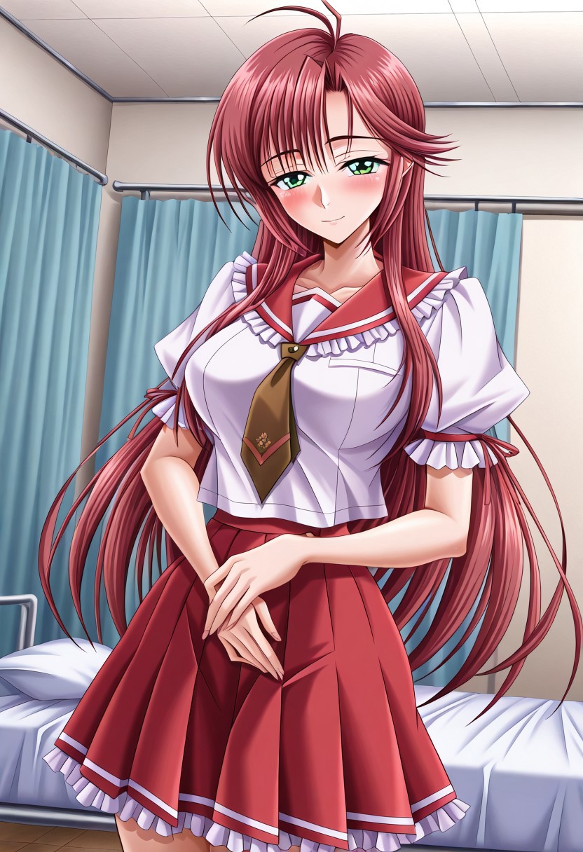 masterpiece, best quality, newest, highres, uncensored, 1girl, yokota mamoru style,1girl, slender face，motion lines,torogao,looking at the viewer,seductive smile,blush
Koga Yuki ,Ahoge Hair, Red Hair, Sidehair, Waist Length Hair,long Hair,Green Eyes, Tareme Eyes,Slim
school uniform, necktie, serafuku, white shirt, short sleeves, puffy sleeves, frilled sleeves, frilled sailor collar, red sailor collar, brown necktie, skirt, pleated skirt, red skirt, frilled skirt,, hospital room, bedside, get well flowers, comforting, quiet, smile, , hand on stomach, blush,, solo,, cowboy shot, dutch angle,