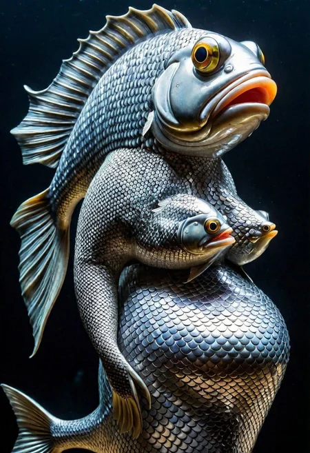 masterpiece, best quality, anthropomorphic fish with a curvy female body and fish scales, grotesque, surreal, high clarity