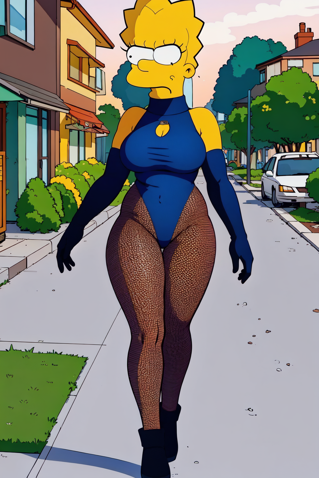 a woman with sexy body and outfit, walking in the sidewalk, EdobSimpsons  <lora:EdobSimpsons_v1.0:0.8>