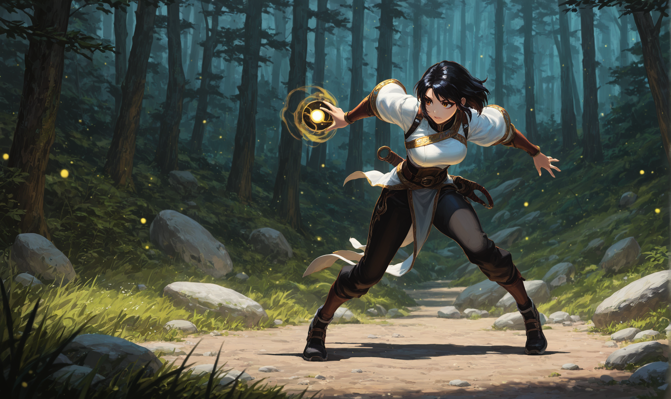 masterpiece, best quality, amazing quality, klskx, full body, 1girl, solo, black hair, medium hair, detailed eyes, multicolored eyes, gold eyes, eyebrows, eyelashes, red and gold hunter robe, (leather armor:1.1), pants, outdoors, rock, overlooking misty valley, (holding glowing magical orb:1.2), outside, early dawn, soft light, detailed scenery, forest clearing, intricate details, magical atmosphere, faint mist, (dynamic pose:0.7), (blurry background, depth of field, bokeh:0.9) <lora:klskx_wai:0.7000000000000001> <lora:spo_sdxl_10ep_4k-data_lora_webui:2.0> <lora:DarkerThanDarkIllustriousV1:0.3>