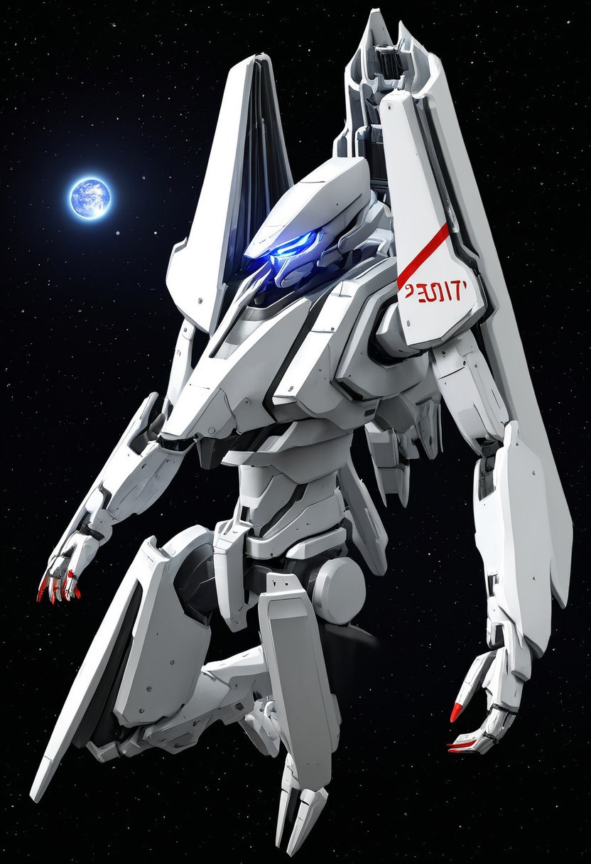 best quality, ambient occlusion, raytracing, Masterwork, detailed face, Tsugumori, mecha, no humans, solo, science fiction, standing, looking ahead, space, flying, sideways, floating, stars, planet, sun,