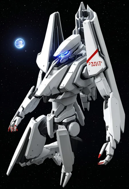 best quality, ambient occlusion, raytracing, Masterwork, detailed face, Tsugumori, mecha, no humans, solo, science fiction, standing, looking ahead, space, flying, sideways, floating, stars, planet, sun,