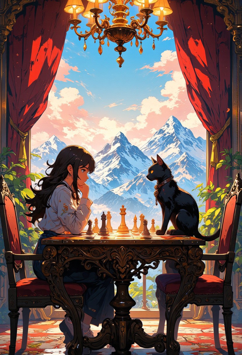 Inside a majestic, sunlit hall, a young girl sits at an ornate, antique chess table, her expression locked in intense focus. Across from her, a mystical black cat with piercing golden eyes perches regally, its tail flicking as it contemplates its next move. The polished chess pieces gleam in the warm glow of golden chandeliers, casting intricate reflections on the table's aged wooden surface.
Behind them, a massive, enchanted window frames a breathtaking mountain landscape, where snow-capped peaks touch a sky painted in brilliant hues of blue, pink, and orange. Sunlight floods the room, illuminating intricate gold-trimmed walls, lush greenery, and flickering candlelight that dances across velvet red curtains.
The air is charged with mystery and intellect, as if the very game itself holds a hidden magic. The cat, wearing a tiny ornate pendant, seems almost otherworldly—perhaps a guardian spirit or a former chess grandmaster reborn.
Golden hour light filters through, making the entire scene feel like a dreamlike fusion of fantasy, elegance, and high-stakes strategy.
Studio Ghibli style, intricate, high detail, sharp focus, superb detail, fantastic, detailed background, 8K, VibrantlySharp style.