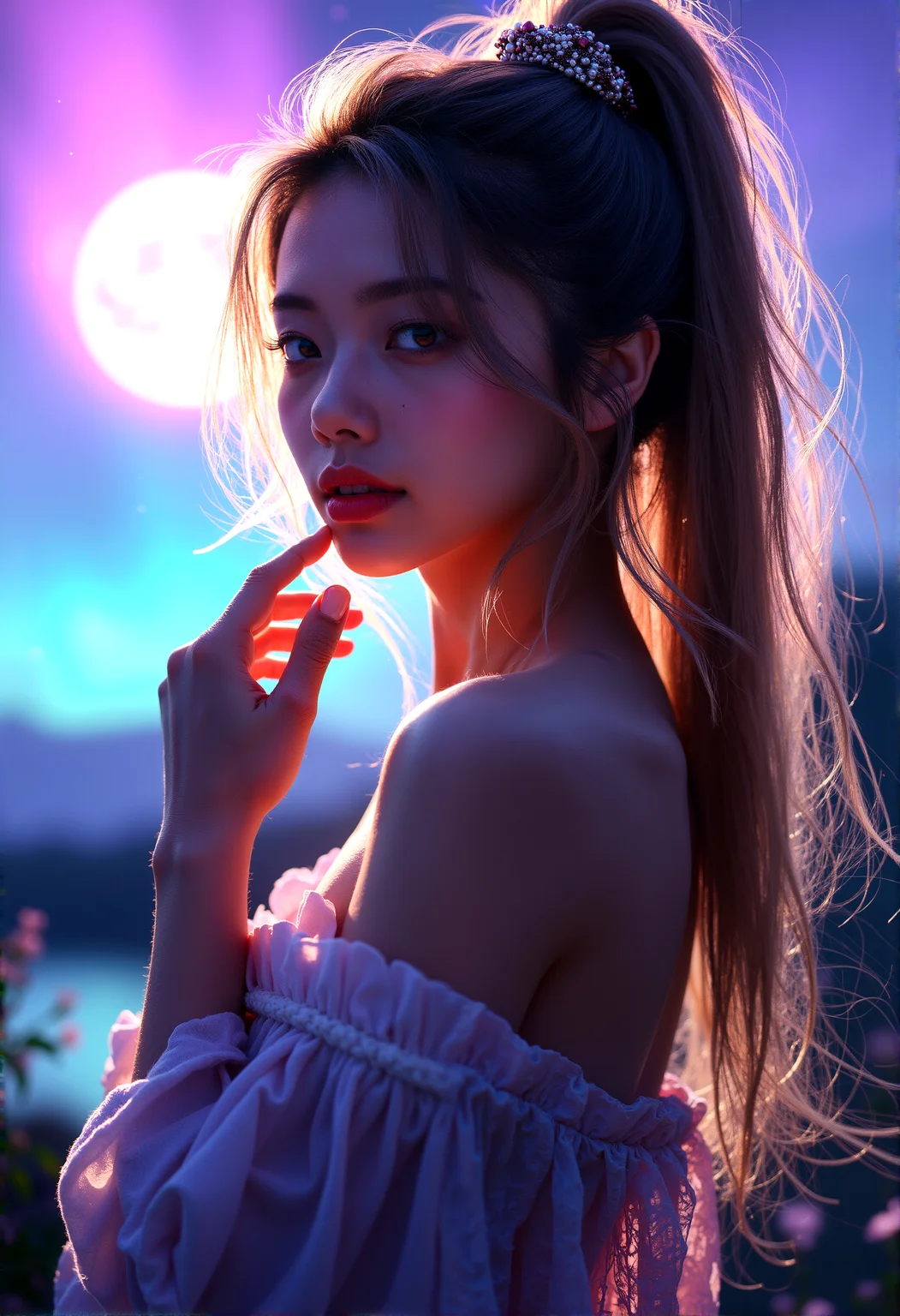 woman with hair flowing long ponytail beige hair,wearing ornate hair scrunchie, voluptuous, standing looking at viewer, head tilt, adjusting her hair, hair over one eye, seductive smile, , outdoors, scenery, expressive eyes, reflective and emotional gaze, detailed background with aurora borealis, purple and blue tones, highly detailed, atmospheric, strong wind, dim lighting, finger to own chin, cheerful expression
cinematic lighting, extremely intricate detail character, accurate depiction of character, correct body anatomy, correct hands and fingers, extremely intricate skin and facial texture detail, design,lifelike potrayal, extrememly realistic lighting, extreme dynamic pose, sfw, fully clothes, sharp background detail, wide shot