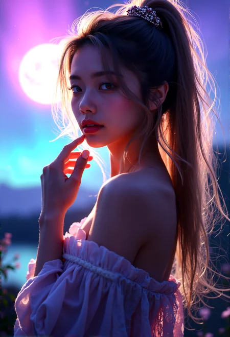 woman with hair flowing long ponytail beige hair,wearing ornate hair scrunchie, voluptuous, standing looking at viewer, head tilt, adjusting her hair, hair over one eye, seductive smile, , outdoors, scenery, expressive eyes, reflective and emotional gaze, detailed background with aurora borealis, purple and blue tones, highly detailed, atmospheric, strong wind, dim lighting, finger to own chin, cheerful expression
cinematic lighting, extremely intricate detail character, accurate depiction of character, correct body anatomy, correct hands and fingers, extremely intricate skin and facial texture detail, design,lifelike potrayal, extrememly realistic lighting, extreme dynamic pose, sfw, fully clothes, sharp background detail, wide shot