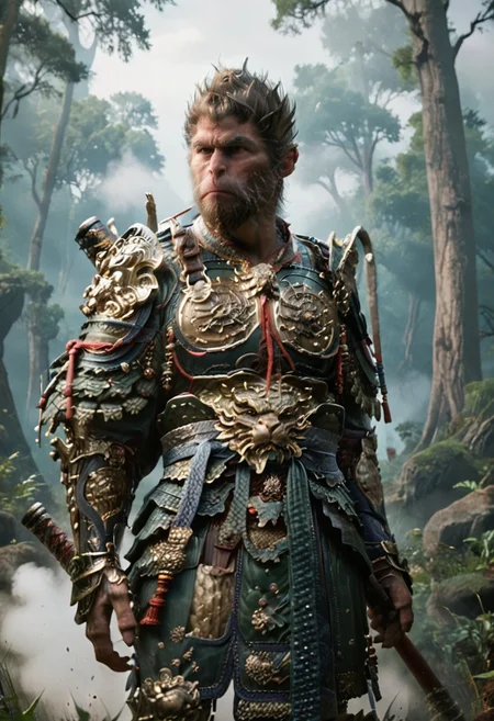 score_9, score_8_up, score_7_up, realistic, WU KONG, solo, 1boy, weapon, male focus, GOLDEN CUDGEL, HOLDING WEAPON, armor, tree, sheath, nature, fog, samurai