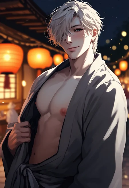 score_9, score_8_up, score_7_up, source_anime, rating_explicit, pulling own yukata, pecs, Neucell, black eyes, pale skin, 1boy, male focus, nipples, closed mouth, smiling, head tilt, blushing, blurry outdoor lantern festival, food stalls, warm bokeh, realistic lighting,