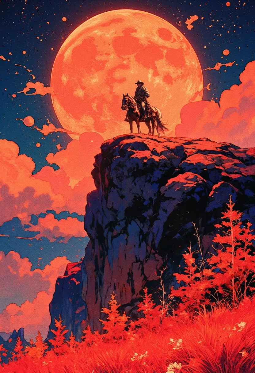 A cinematic illustration of a lone cowboy on horseback, standing atop a rocky cliff against a giant glowing orange moon. The foreground features vibrant red grass and illuminated plants, creating a surreal atmosphere. The sky is deep blue, dotted with stars and clouds, with dramatic contrasts between shadows and glowing highlights. The scene captures the mysterious and vast essence of a cyber-western setting with a stylized, minimalistic approach