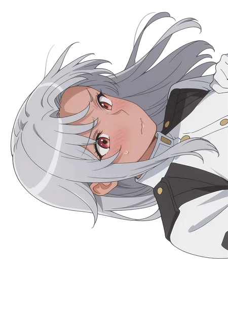 Smooth Quality,masterpiece, ultra realistic,
simple background, white background, 
sideways,flustered,wind, 
 <lora:AquaErisCnn:0.8>Aqua/Cnn, Sist/Cnn, long hair, 1girl, red eyes, dark-skinned female, uniform, grey hair, gloves,