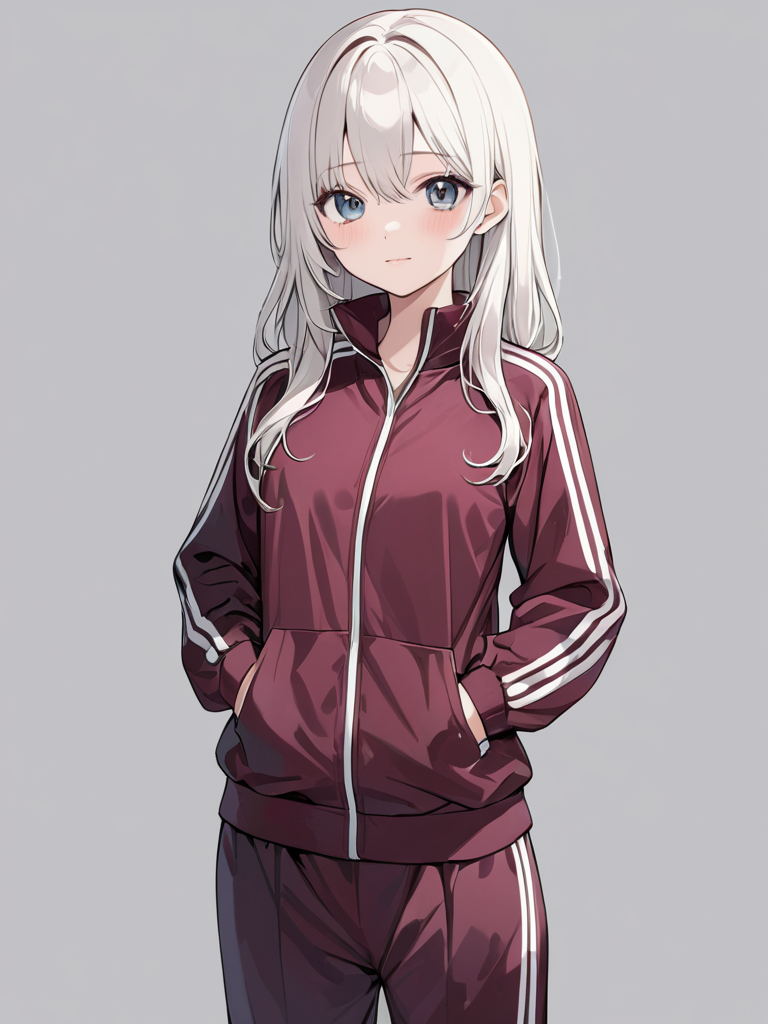 masterpiece,ultra-detailed,best quality,8K,illustration,cute face,clean skin ,shiny hair,girl,ultra-detailed-eyes,simple background, <lora:add-detail-xl:1>  <lora:tracksuits_XL_V1.0:1> tracksuits, long sleeves,pants