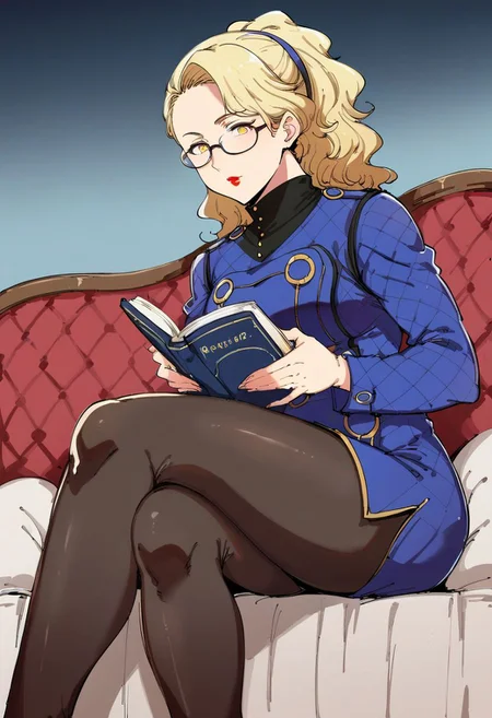 score_9, score_8_up, score_7_up, source_anime, BREAK, (alp), 1girl, solo, margaretp4, blonde hair, long hair, yellow eyes, headband, dress, long sleeves, black pantyhose, high heels, lipstick, sitting, crossed legs, glasses, reading book