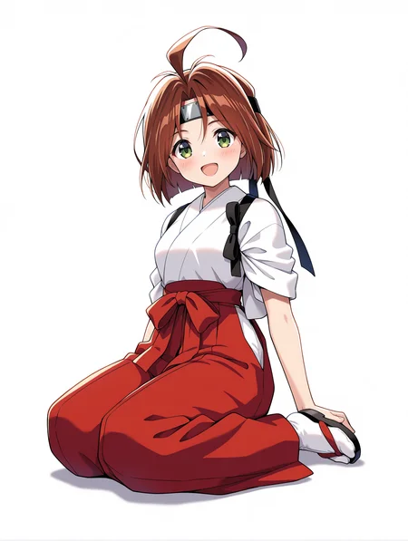 masterpiece,best quality,newest,
1girl,solo,
<lora:hinageshi_ilxl_v1.1:1>,hinageshi,ahoge,green eyes,h_b_clothes,headband,miko,sleeves rolled up,tasuki,red hakama,tabi,zouri,
<lora:Fixhands_anime_bdsqlsz_V1:1>,open mouth,smile,:d,sitting,blush,simple background,white background,looking_at_viewer,