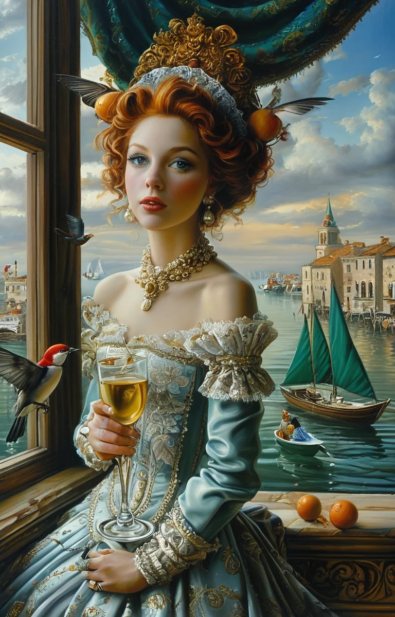 masterpiece,best quality,<lora:tbh129-sdxl:0.7>,indoor,illustration,oil painting,style of Michael Cheval,