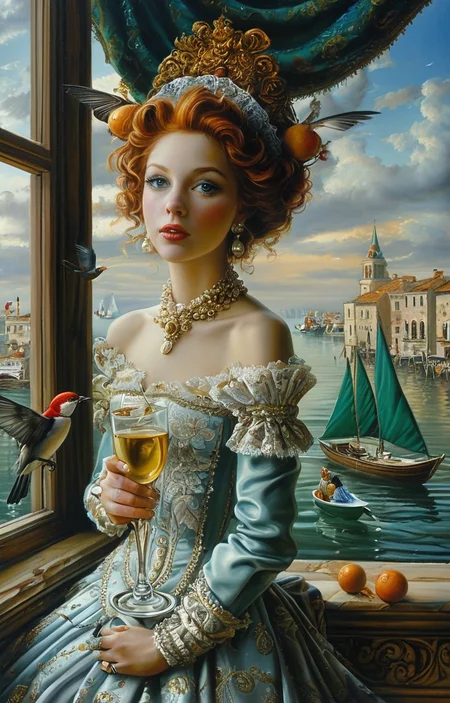 masterpiece,best quality,<lora:tbh129-sdxl:0.7>,indoor,illustration,oil painting,style of Michael Cheval,