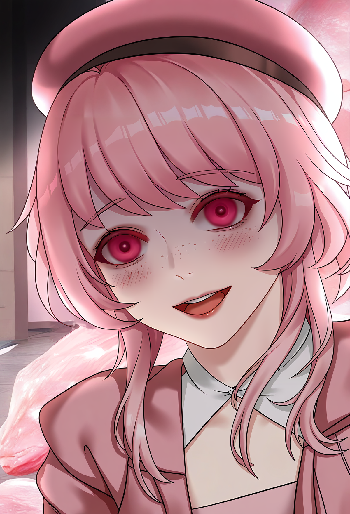 <lora:feifuhuafeng:1>feifuhuafeng, 
1girl, solo, clothing cutout, beret, jacket, salmon-pink hair, pink eyes, freckles, beautiful eyes, detailed face, looking at viewer, dynamic composition, yandere expression, dynamic pose,