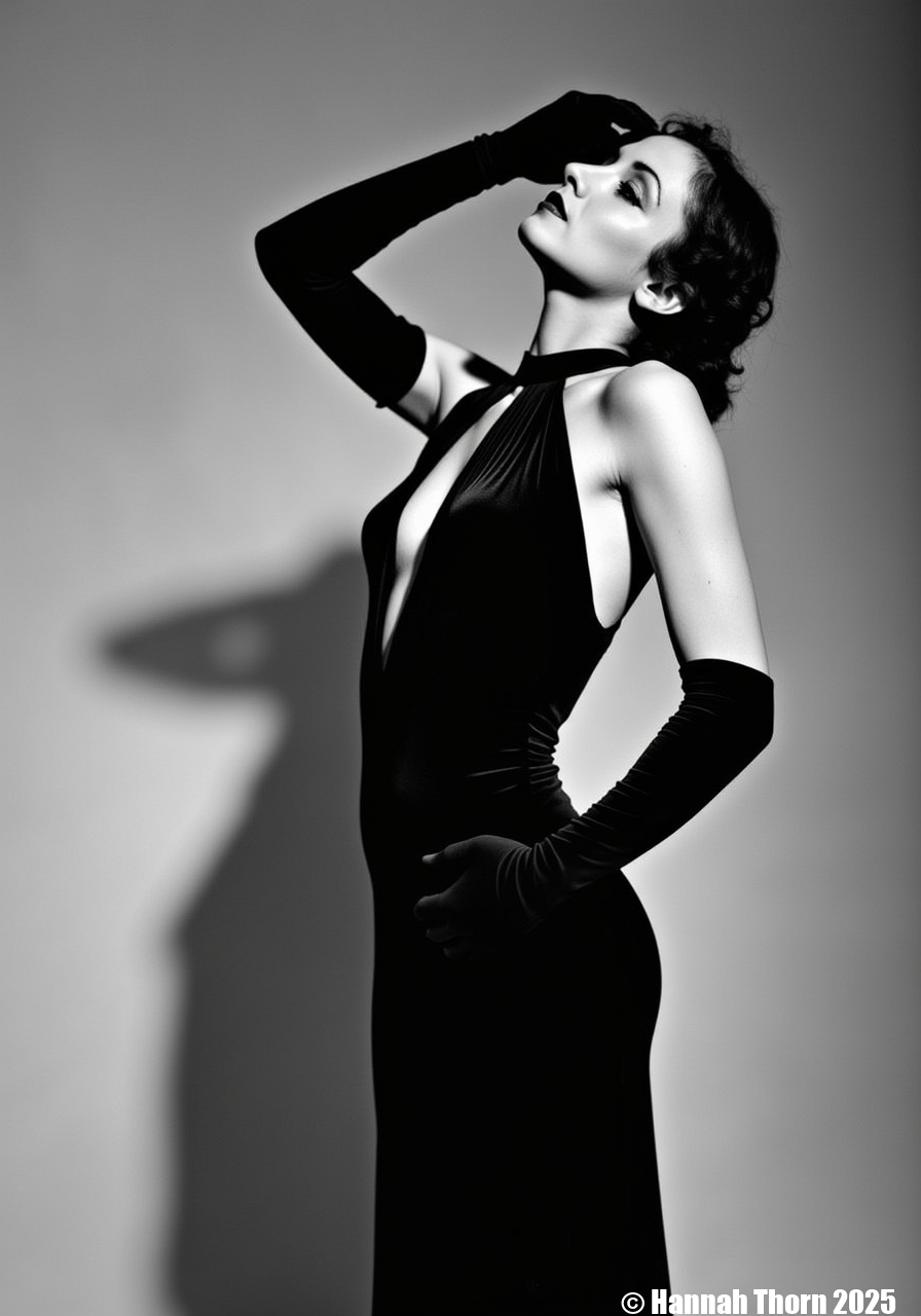 This black-and-white photograph captures a sideview of a woman in a striking, dramtic pose of elegant, stylized sensuality. The woman's body is arched slightly backward, her head tilted upward and to the side. One arm is raised above her head, her hand gently touching her hair; the other arm hangs down, but is bent at the elbow and she is using her fingers to hold the fabric of her dress at her waist. Her expression is serene and confident, with a hint of mystery. The overall effect is a graceful, almost languid pose that conveys both confidence and allure, suggestive of a classic Hollywood starlet. The pose is carefully crafted to showcase the figure and the gown. The gown is a dark-colored, possibly black, velvet or similar fabric. It's a sleeveless design with a very low, possibly plunging, neckline that reveals much of the back and shoulders. The style is form-fitting, hugging the body's curves and creating a sleek silhouette. The dress features a keyhole or cutout detail at the neckline and long sleeves that extend into what look like fitted gloves or long opera-length gloves. The fabric appears to have a subtle sheen or texture, suggesting a luxurious material. The overall design is suggestive of 1920s or 1930s Hollywood glamour.<lora:_Flux\_Film-Retro\Pre-Code_Hollywood-concept_2.safetensors:1.0:1.0>