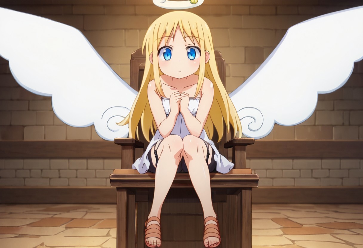 crimvael \(interspecies reviewers\),, blue eyes,blonde hair,long hair,angel,halo,wings,white dress,strapless,bare shoulders,bike shorts,sandals , thighhighs, indoors , sitting on chair,  score_9, score_8_up, score_7_up, ,source_anime, best quality, masterpiece,   , full body view ,   garter straps, collarbone ,  1girl , solo , girl focus ,