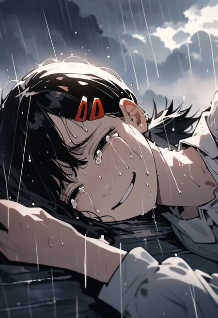 (illustration, 1girl, higashiyama kobeni, chainsaw man, tears, smile, lying on side, cloudy sky, rain, sunlight, wet, sad, masterpiece)