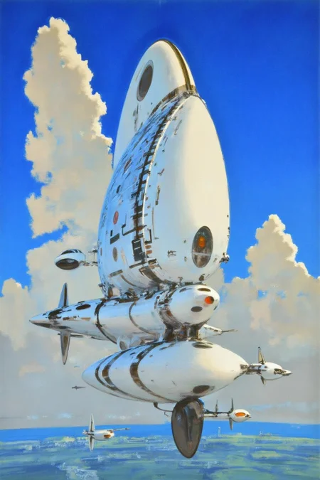 jober1 illustration.
The scene is set against a bright blue sky with fluffy, white clouds, suggesting a clear, sunny day. Dominating the center of the image is a sleek, white, futuristic aircraft, resembling a blimp or airship, with a large, curved, white dome structure at the front and smaller, cylindrical pods attached to the sides.
<lora:jober1_cap_d6a3e12:1.0><lora:819114121204252146:0>