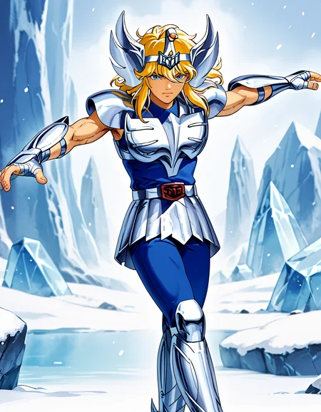 Score_9,Score_8_up,Score_7_up,cygnushyov1,1boy,blue eyes,slender figure,toned male,swan circlet,silver pauldrons,silver armor,fingerless silver gauntlets,circle plated vambrace,belt,silver tassets,blue pants,blue undershirt,belt buckle,wavy blonde hair,<lora:Cygnus_Hyoga_Saint_Seiya_PDXL:1>,in winter,stretch your arms horizontally,(outstretched_arms:1.2),fighting_stance,serious look,(stretch your fingers:1.4),armpits,(crossed_legs:1.3),(leaning:1.1),ice crystals,pose,(reach out your fingers:1.4),