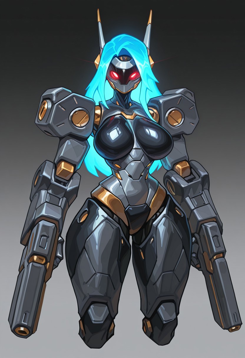 reagan_long, solo, 1girl, large breasts, robot_girl, robot visor, gun_arm, large robotic arms, large robotic hands, large robotic legs, large robotic feet, robot shoulders, robot armor, metalic skin, glowing hair, long hair, glowing eyes, robot antenna ears, cowboy_shot, cropped legs