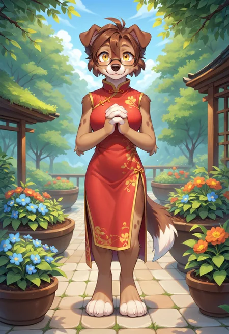 <lora:kade_nicole_pny-15:0.8> nicole (savestate), solo, looking at viewer, brown hair, 1girl, animal ears, yellow eyes, standing, tail, sleeveless, glasses, chinese clothes, own hands together, red shirt, furry, dog ears, dog tail, furry female, body fur, brown fur, dog girl, brown fur, outdoors, garden, score_9, score_8_up, score_7_up, score_6_up, score_5_up, score_4_up