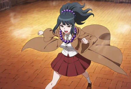 (((solo))),masterpiece, best quality, very aesthetic,  modern, modern anime,  extreme close-up , excited expression , <lora:Mikako_Kurokawa_Illustrious:1>, This anime screencap is from Danganronpa the Animation.  Mikako Kurokawa is a tall young woman with slender physique. She has pale light skin, black eyes, and unkempt black hair tied in a ponytail with a vivid purple beaded scrunchie. She has bags under her eyes and a tired expression. Mikako is wearing her Hope's Peak uniform which consists of a white short-sleeved dress shirt with side pockets and short light gray necktie, red plaid skirt, white midcalf-length socks, and deep orange-brown loafers. Over her clothes, she wears a grayish brown cloak. She also wears a golden cross necklace and large purple prayer beads as a necklace. Mikako Kurokawa performs an emergency ritual in the school's bathhouse, where the steam forms into ghostly shapes. She stands ankle-deep in water that ripples with supernatural energy, her reflection showing the true form of the spirit she's confronting.