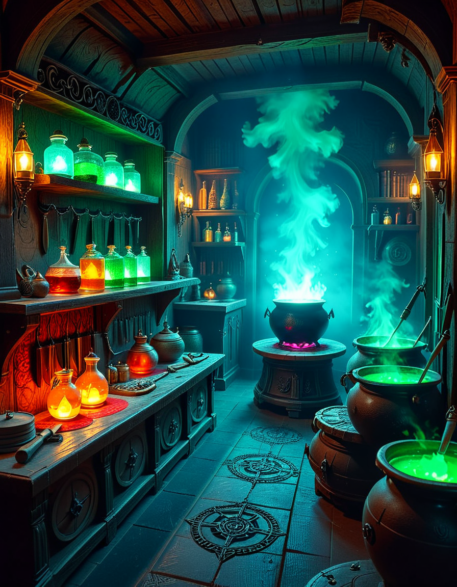 Hidden deep within the necromancerâs infernal domain lies a nightmarish kitchen, a grotesque fusion of alchemical laboratory and sacrificial chamber. The walls are carved from blackened bone and obsidian, pulsating faintly with necrotic energy. Faint green flames flicker in sconces made from twisted skeletal hands, casting eerie shadows across the macabre workspace. The air is thick with the scent of decay, ash, and something far worseâan indescribable aroma of corruption and dark magic.
At the center, a massive butcherâs table, scarred and stained with centuries of dried blood, serves as the primary workstation. Rusted, jagged knives, bone saws, and crude flesh-carving tools hang from hooks, their edges glistening with fresh remnants of something recently prepared. Nearby, grotesque cauldrons bubble with viscous, unnatural liquidsâblack ichor, boiling crimson blood, and glowing green elixirs swirl together, each concoction releasing haunting whispers as if infused with trapped souls.
Suspended from the ceiling, enormous iron hooks hold skinned carcassesâsome humanoid, others unrecognizable abominations stitched together from various creatures. Skeletal constructs, animated by unseen forces, mindlessly tend to the kitchen, stirring bubbling cauldrons and grinding unknown ingredients into fine powders using ancient, rune-etched mortars and pestles.
Along the walls, towering shelves hold disturbing "ingredients" sealed in glass jars: floating, disembodied eyes that track movement, severed hands that twitch sporadically, and writhing black worms that exude a thick, putrid slime. Bundles of dried, withered herbsâsome glowing faintly with infernal energyâhang from the rafters, alongside strips of preserved flesh, their origins best left unspoken.
In one corner, a massive, rune-inscribed oven burns with an unnatural, ghostly blue flame. The heat does not come from firewood but from the tormented souls bound within, their agonized wails fueling its endless infernal blaze. A massive iron cauldron sits atop a cracked stone hearth, where a thick, bubbling stew churnsâits surface occasionally breaking as something beneath struggles, clawing weakly before sinking back into the depths.
This is not a place for feastingâit is a workshop of the grotesque, where ingredients are harvested, flesh is repurposed, and the very essence of undeath is distilled into unholy nourishment. No living creature eats hereâonly the dead, the damned, and the things that should not be.
Style & Mood :
- Dark fantasy, gothic horror, necromantic aesthetics
- Cinematic, high-detail, eerie lighting
- Infernal atmosphere, filled with shadows, glowing green and crimson energy, and grotesque details
- Inspired by the works of ZdzisÅaw BeksiÅski, H.R. Giger, and dark medieval sorcery
<lora:SDXLFaeTastic2400:0.4> <lora:extremely_detailed:0.4> extremely detailed, <lora:mysterious_4lch3my_sh0p:1> mysterious 4lch3my sh0p <lora:nightmarish_k1tch3n:1>,nightmarish k1tch3n, Masterpiece,best quality,hi res,8k,hi res,8k,award winning,(sharp focus, intricate, highly detailed),